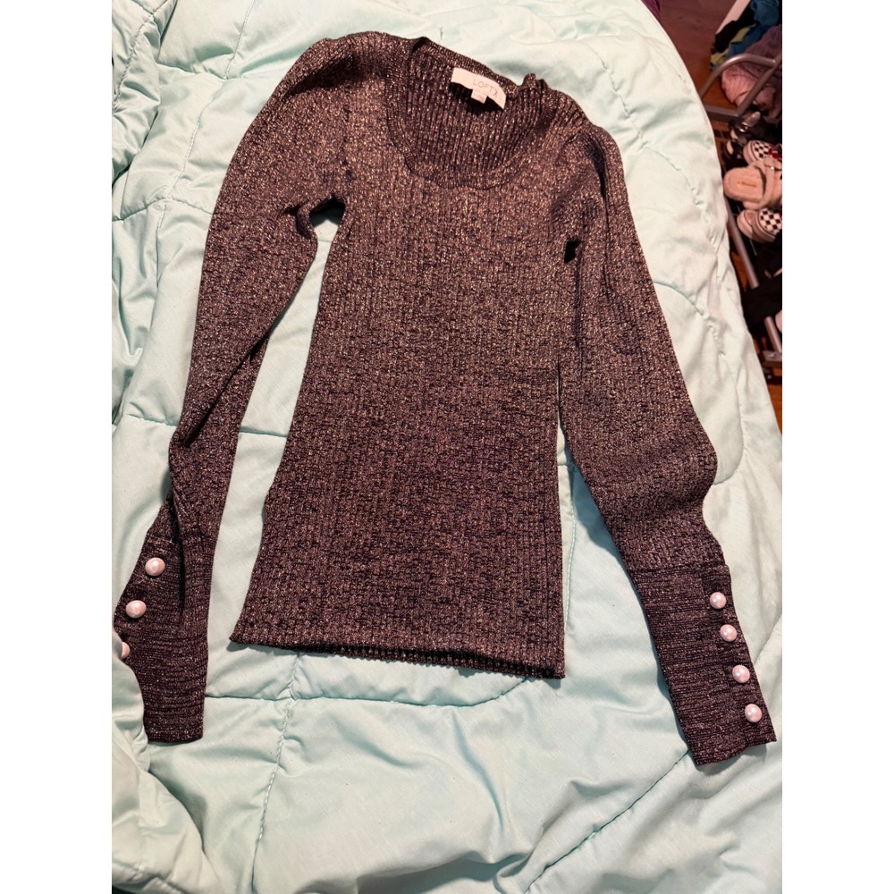 Loft Ann Taylor Metallic Ribbed Knit Sweater Pearl Button Cuff Silver Black S